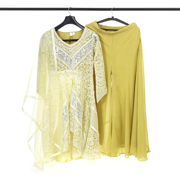 Lemon_Yellow_Embroidered/Mirror_Work_Kurta_Set_With_Plain_Blouse,_Palazzo_And_Plain_Dupatta_For_Women