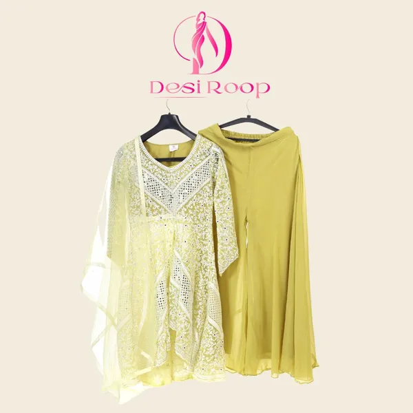 Lemon_Yellow_Embroidered/Mirror_Work_Kurta_Set_With_Plain_Blouse,_Palazzo_And_Plain_Dupatta_For_Women