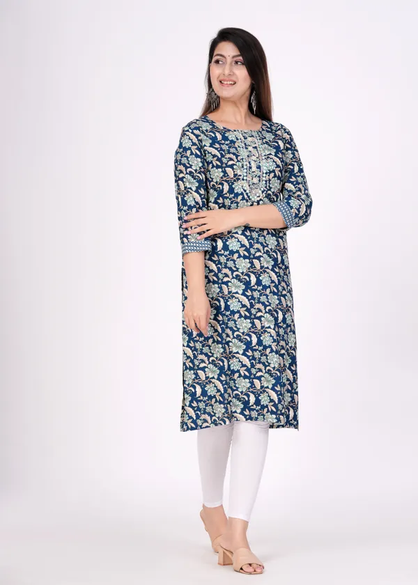 Blue_&_Gold_Cotton_Rayon_Round_Neck_Embroidered_3/4Th_Sleeve_Kurta_For_Women