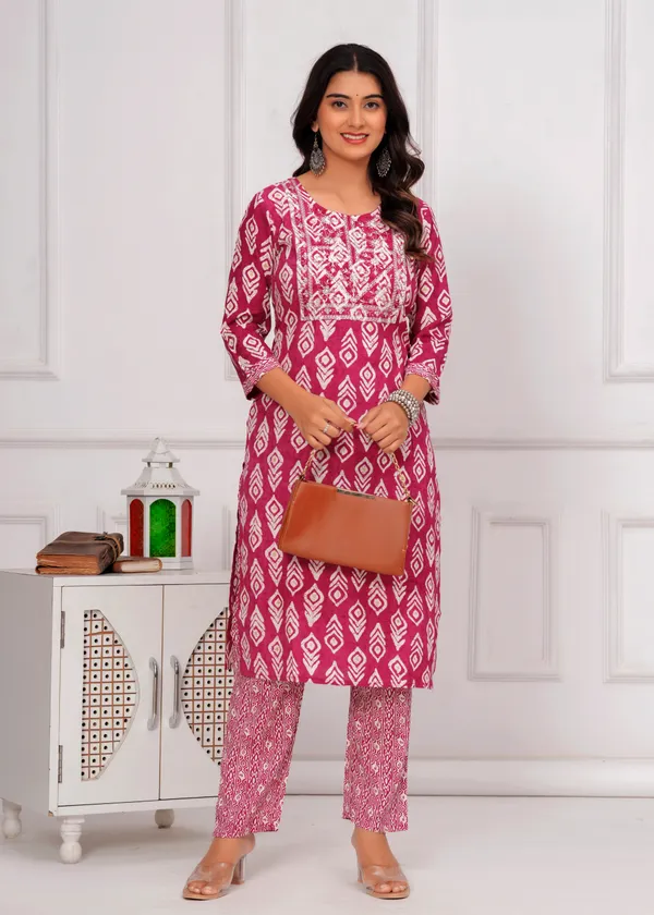Pink_&_White_Cambric_Cotton_Round_Neck_Floral_Embroidery_Printed_Straight_Kurta_&_Pant_Set_For_Women