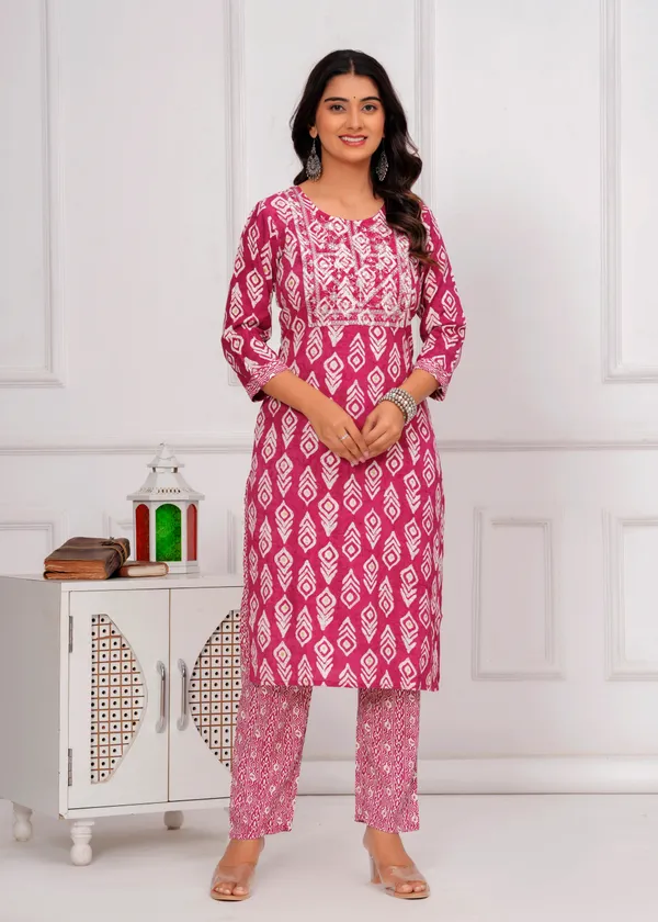 Pink_&_White_Cambric_Cotton_Round_Neck_Floral_Embroidery_Printed_Straight_Kurta_&_Pant_Set_For_Women