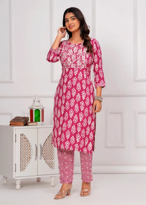 Pink_&_White_Cambric_Cotton_Round_Neck_Floral_Embroidery_Printed_Straight_Kurta_&_Pant_Set_For_Women