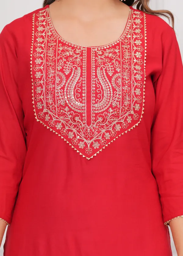 Red_Cotton_Rayon_Round_Neck_Embroidery_Golden_Zari_3/4Th_Sleeve_Kurta_For_Women