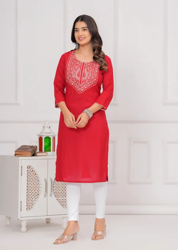 Red_Cotton_Rayon_Round_Neck_Embroidery_Golden_Zari_3/4Th_Sleeve_Kurta_For_Women