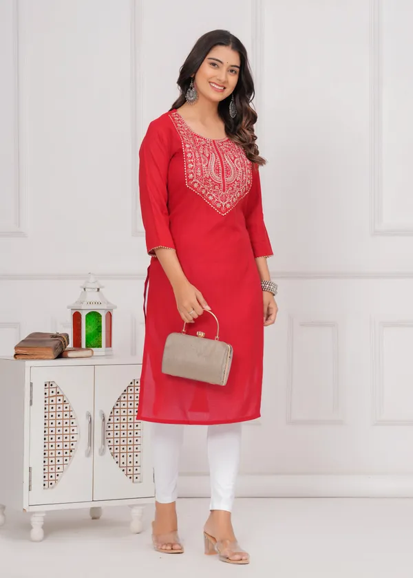Red_Cotton_Rayon_Round_Neck_Embroidery_Golden_Zari_3/4Th_Sleeve_Kurta_For_Women
