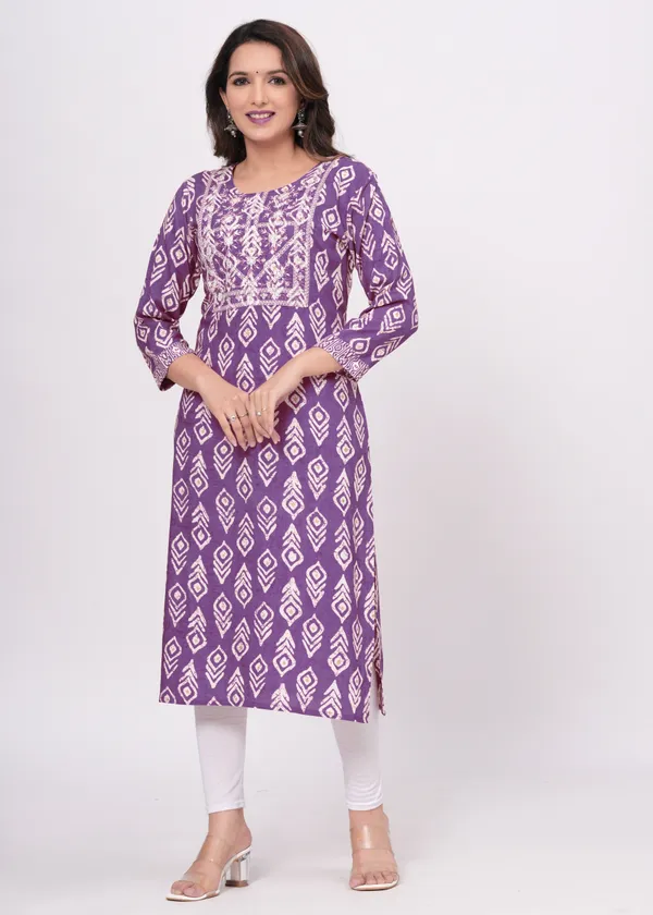 Purple_Cotton_Rayon_Round_Neck_Embroidery_Floral_Printed_3/4Th_Sleeve_Kurta_For_Women