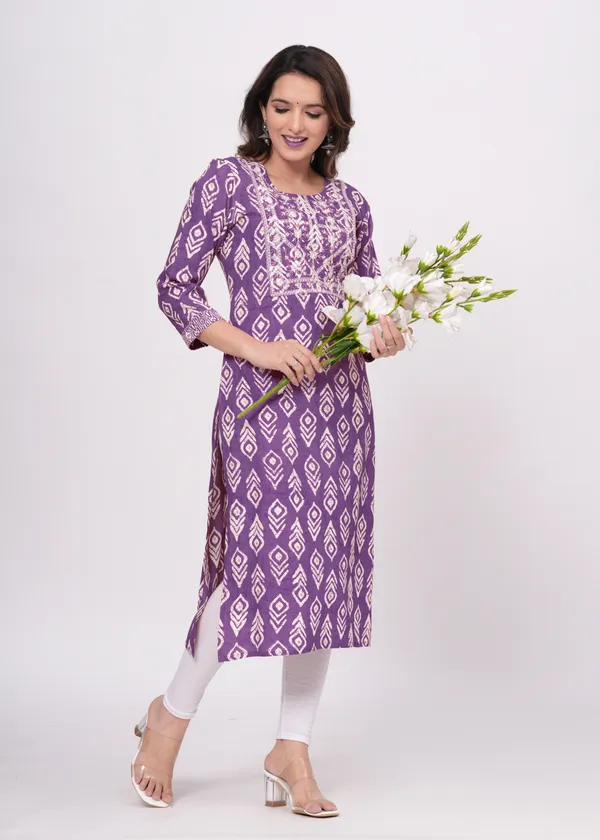 Purple_Cotton_Rayon_Round_Neck_Embroidery_Floral_Printed_3/4Th_Sleeve_Kurta_For_Women