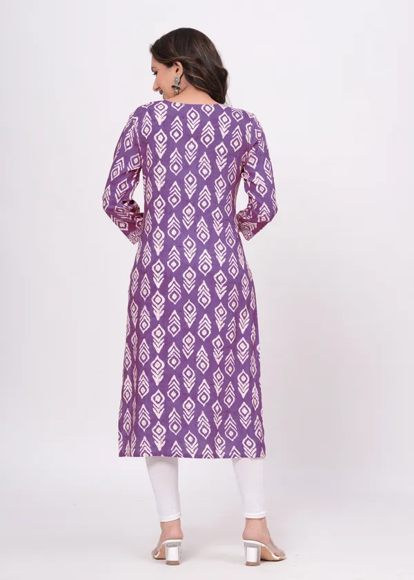 Purple_Cotton_Rayon_Round_Neck_Embroidery_Floral_Printed_3/4Th_Sleeve_Kurta_For_Women