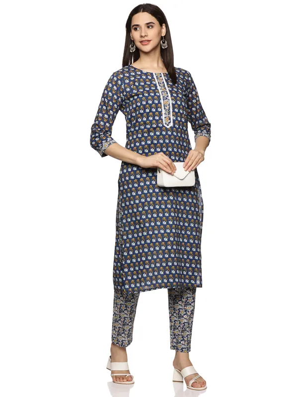 Dark_Blue_Cotton_Rayon_Floral_Printed_Straight_Kurta_&_Pant_Set_For_Women