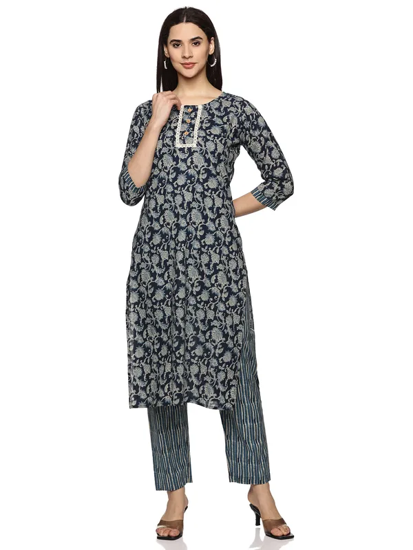 Dark_Blue_Cotton_Rayon_Floral_Printed_Straight_Kurta_&_Pant_Set_For_Women