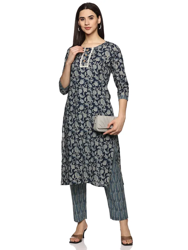 Dark_Blue_Cotton_Rayon_Floral_Printed_Straight_Kurta_&_Pant_Set_For_Women