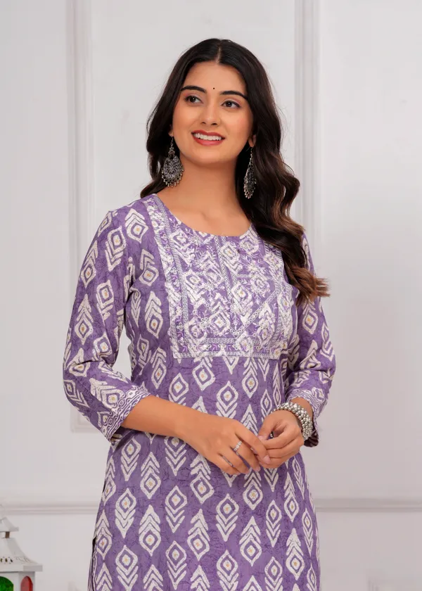 Purple_&_White_Cambric_Cotton_Round_Neck_Floral_Embroidery_Printed_Straight_Kurta_&_Pant_Set_For_Women