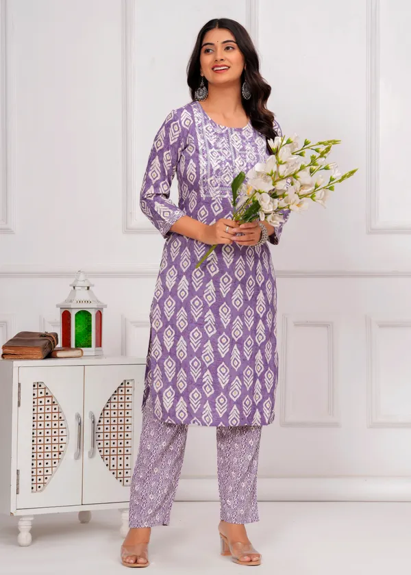 Purple_&_White_Cambric_Cotton_Round_Neck_Floral_Embroidery_Printed_Straight_Kurta_&_Pant_Set_For_Women