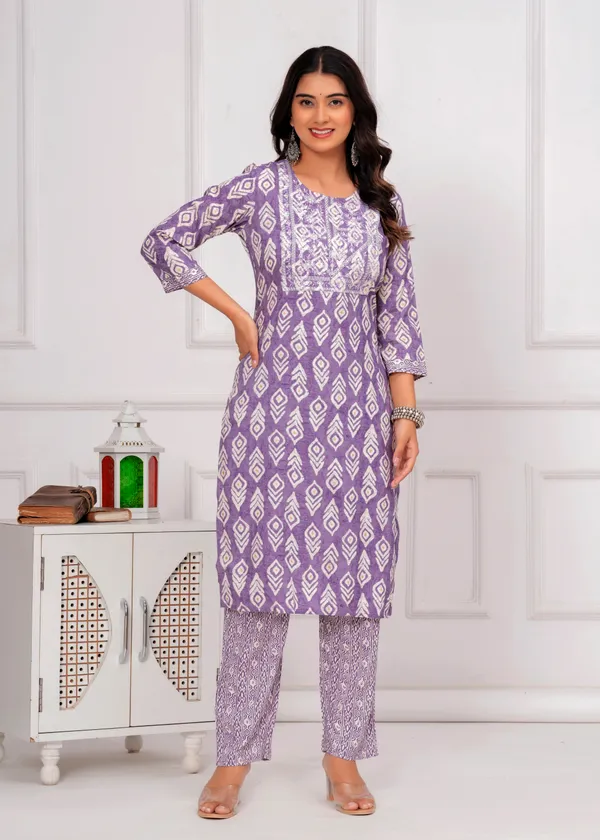 Purple_&_White_Cambric_Cotton_Round_Neck_Floral_Embroidery_Printed_Straight_Kurta_&_Pant_Set_For_Women
