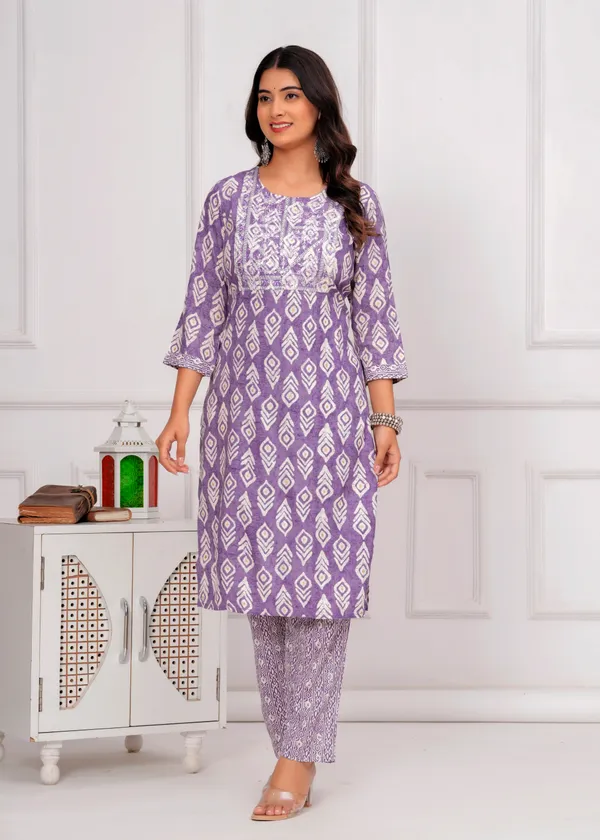 Purple_&_White_Cambric_Cotton_Round_Neck_Floral_Embroidery_Printed_Straight_Kurta_&_Pant_Set_For_Women