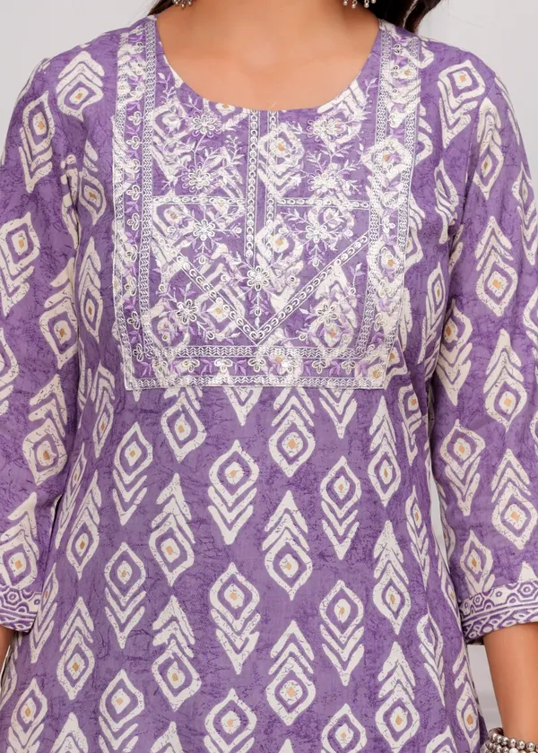Purple_&_White_Cambric_Cotton_Round_Neck_Floral_Embroidery_Printed_Straight_Kurta_&_Pant_Set_For_Women