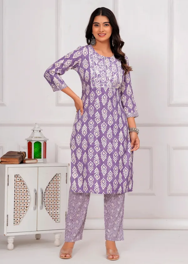 Purple_&_White_Cambric_Cotton_Round_Neck_Floral_Embroidery_Printed_Straight_Kurta_&_Pant_Set_For_Women