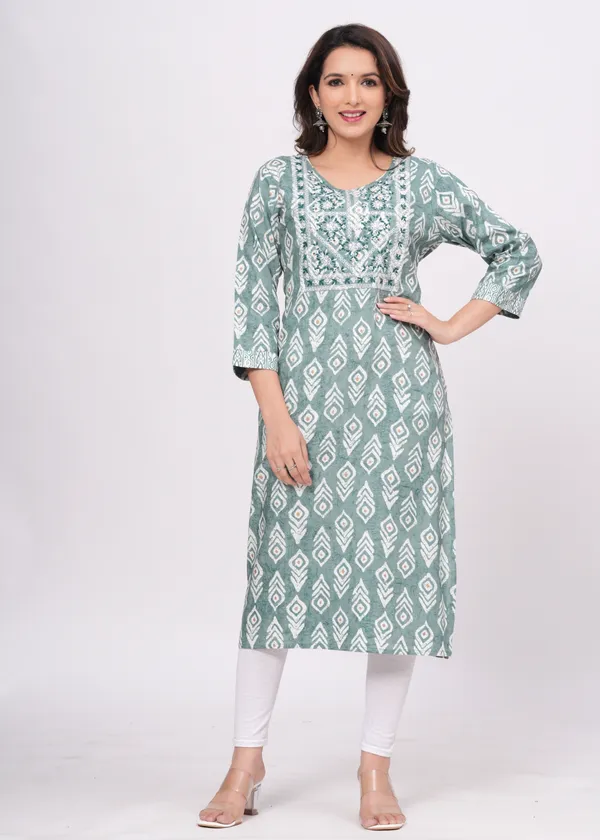 Light_Green_Cotton_Rayon_Round_Neck_Embroidery_Floral_Printed_3/4Th_Sleeve_Kurta_For_Women