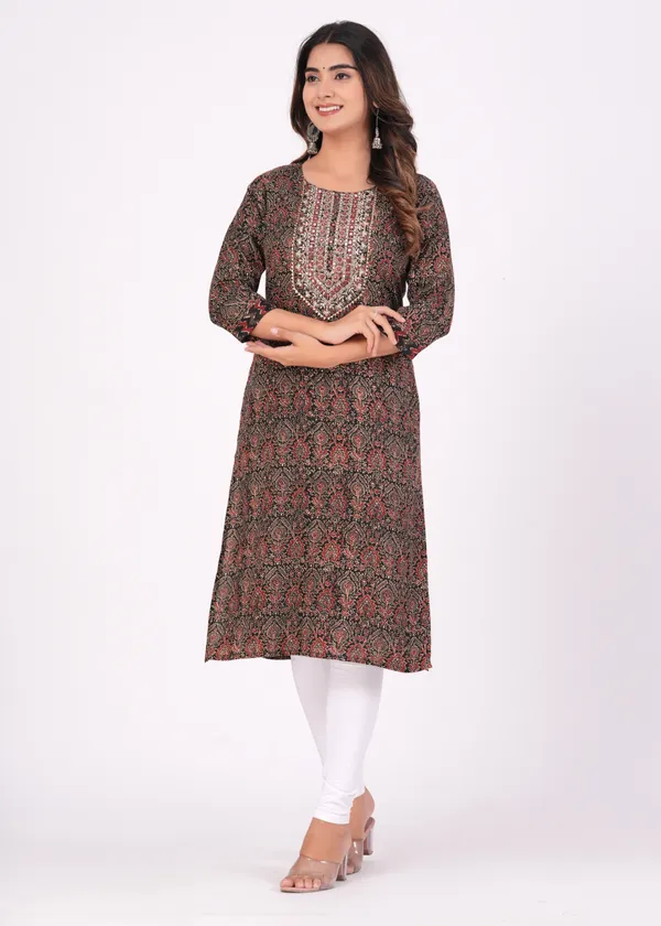 Black_Cotton_Rayon_Round_Neck_Embroidery_Floral_Printed_3/4Th_Sleeve_Kurta_For_Women