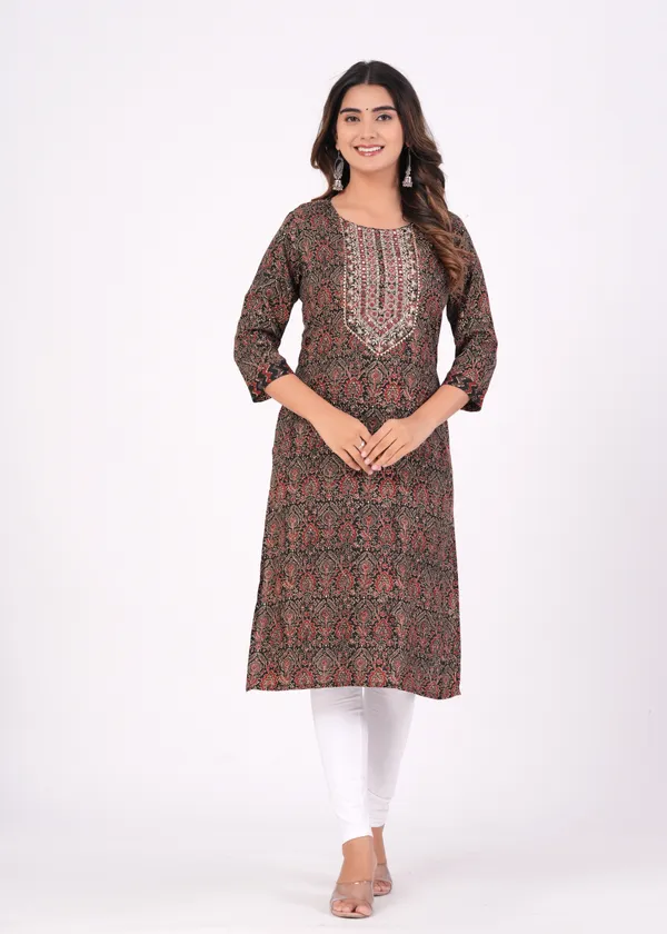 Black_Cotton_Rayon_Round_Neck_Embroidery_Floral_Printed_3/4Th_Sleeve_Kurta_For_Women