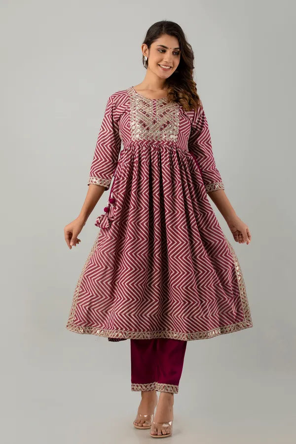 Wine_Cotton_Embroidered_Kurta,_Pant_&_Dupatta_Set_For_Women
