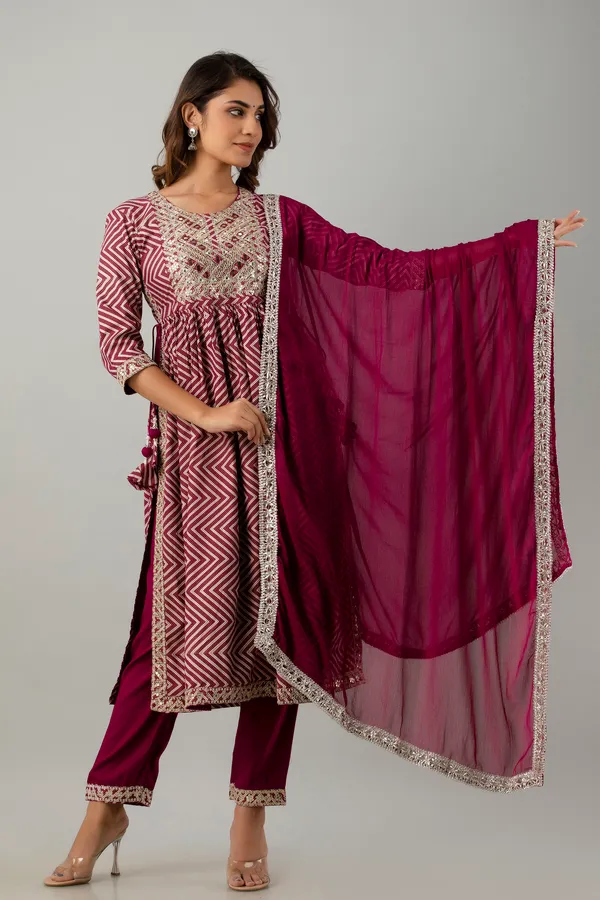 Wine_Cotton_Embroidered_Kurta,_Pant_&_Dupatta_Set_For_Women