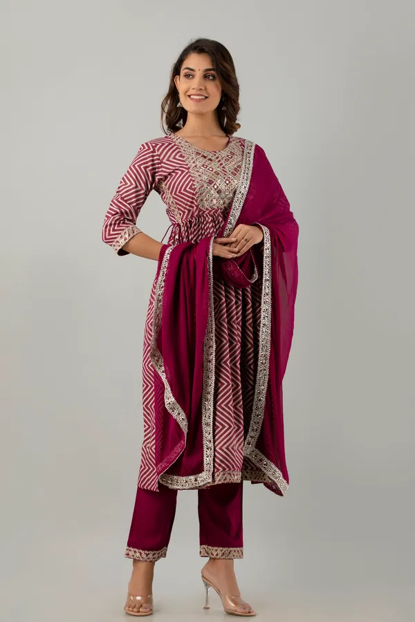 Wine_Cotton_Embroidered_Kurta,_Pant_&_Dupatta_Set_For_Women