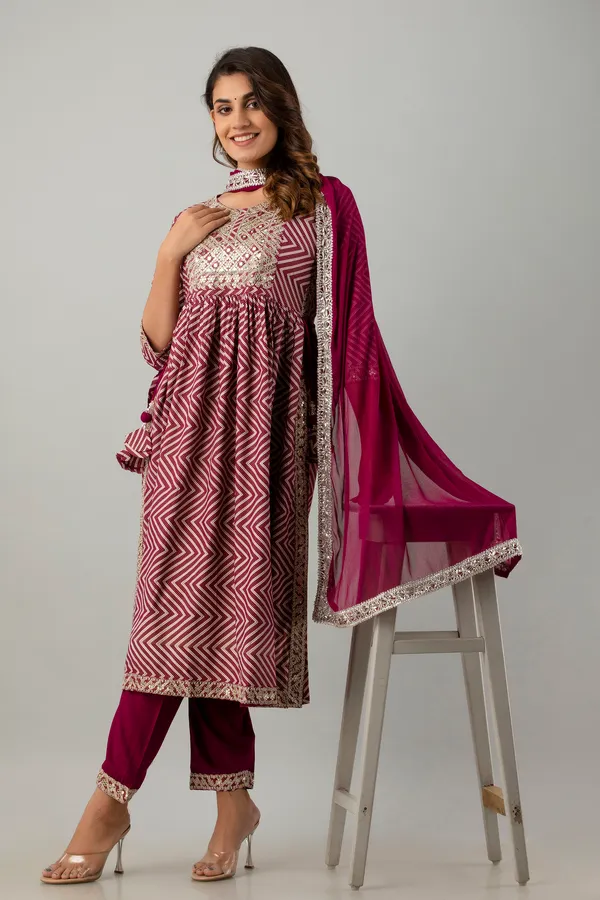 Wine_Cotton_Embroidered_Kurta,_Pant_&_Dupatta_Set_For_Women