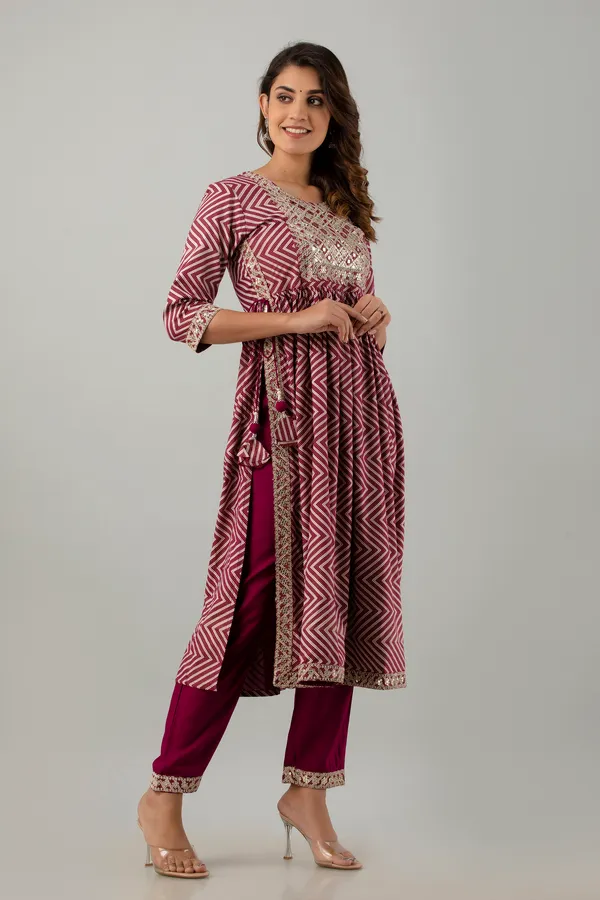 Wine_Cotton_Embroidered_Kurta,_Pant_&_Dupatta_Set_For_Women