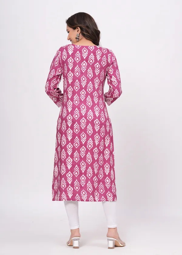 Pink_Cotton_Rayon_Round_Neck_Embroidery_Floral_Printed_3/4Th_Sleeve_Kurta_For_Women