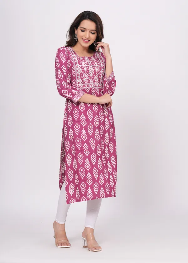 Pink_Cotton_Rayon_Round_Neck_Embroidery_Floral_Printed_3/4Th_Sleeve_Kurta_For_Women
