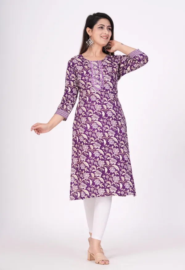 Wine_&_Gold_Cotton_Rayon_Round_Neck_Embroidered_3/4Th_Sleeve_Kurta_For_Women