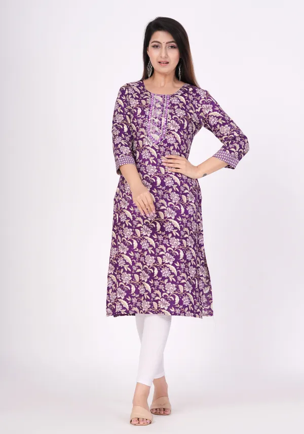 Wine_&_Gold_Cotton_Rayon_Round_Neck_Embroidered_3/4Th_Sleeve_Kurta_For_Women