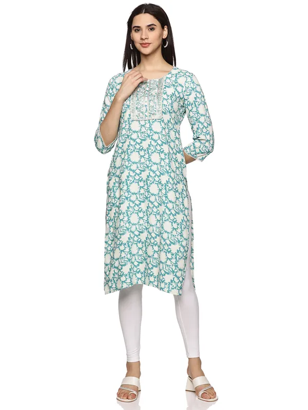 Rama_Green_Cotton_Rayon_Round_Neck_Floral_Printed_3/4Th_Sleeve_Kurta_For_Women