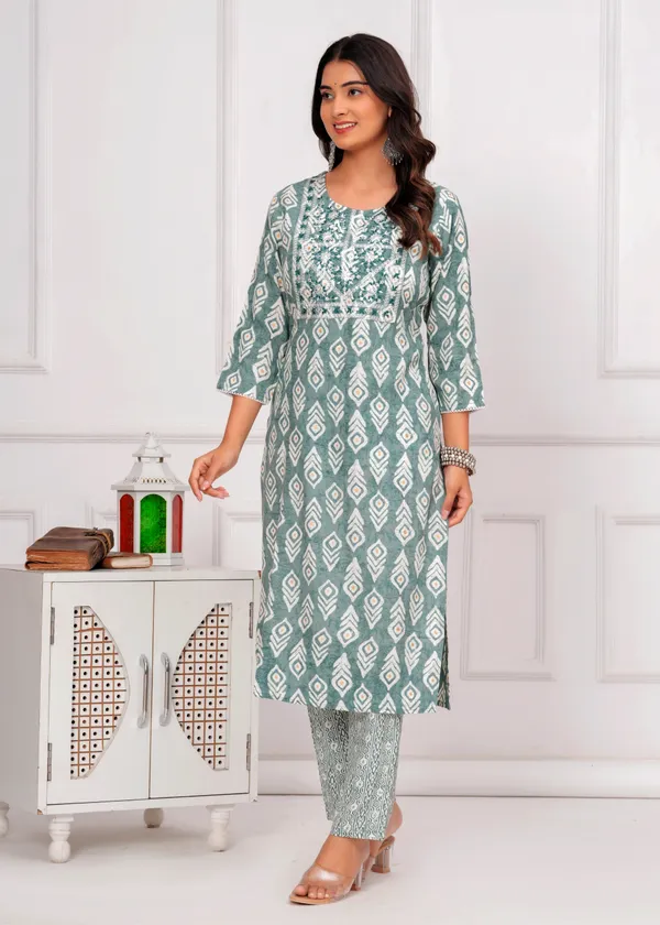 Light_Green_&_White_Cambric_Cotton_Round_Neck_Floral_Embroidery_Printed_Straight_Kurta_&_Pant_Set_For_Women