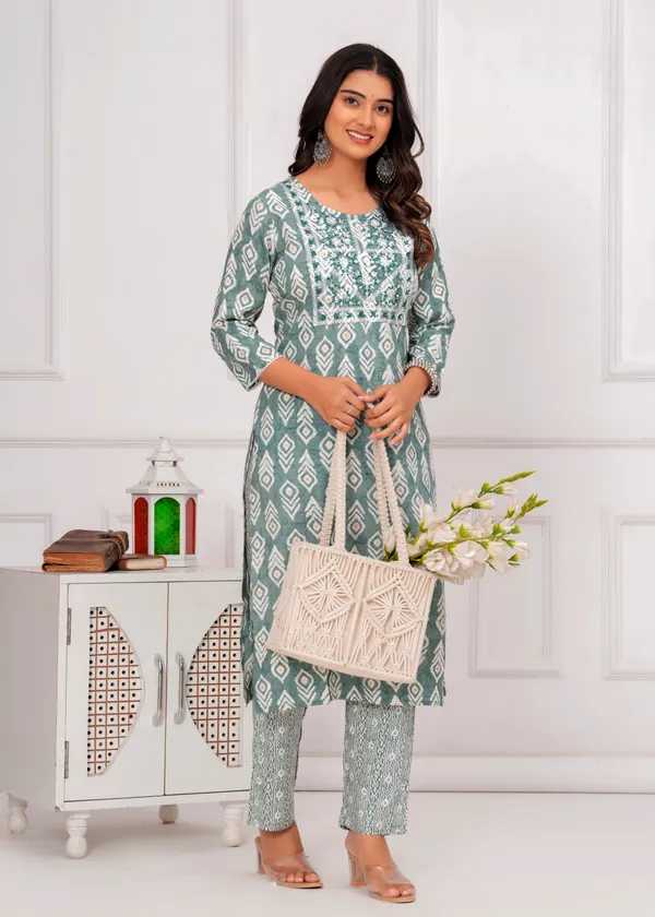 Light_Green_&_White_Cambric_Cotton_Round_Neck_Floral_Embroidery_Printed_Straight_Kurta_&_Pant_Set_For_Women