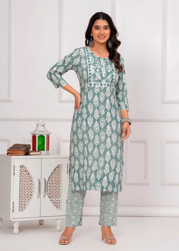 Light_Green_&_White_Cambric_Cotton_Round_Neck_Floral_Embroidery_Printed_Straight_Kurta_&_Pant_Set_For_Women