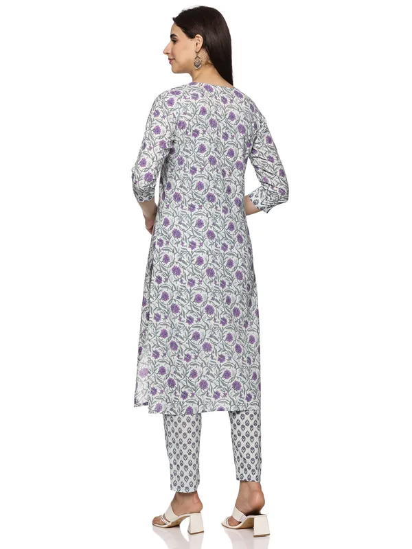 White_&_Purple_Cotton_Rayon_Floral_Printed_Straight_Kurta_&_Pant_Set_For_Women