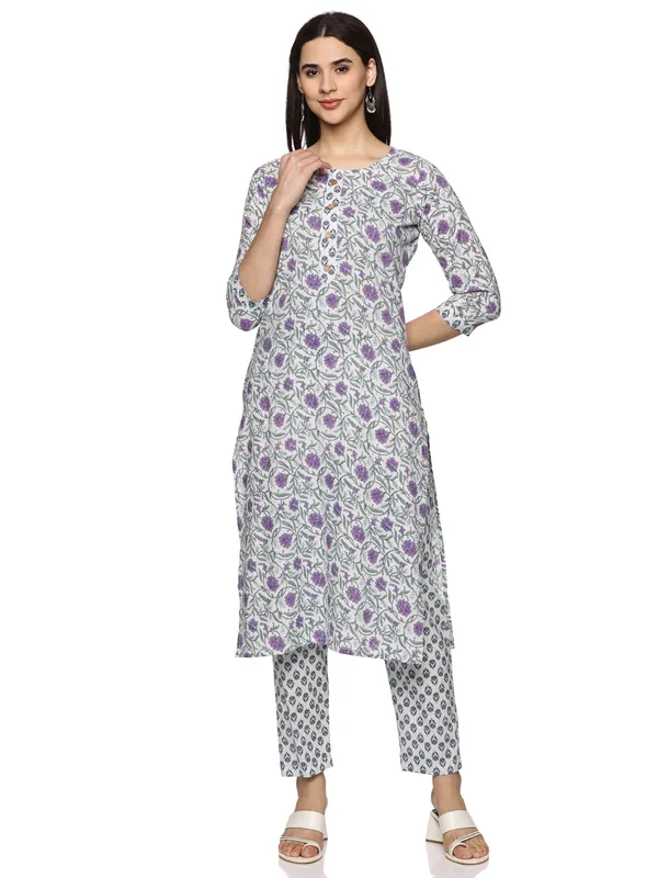 White_&_Purple_Cotton_Rayon_Floral_Printed_Straight_Kurta_&_Pant_Set_For_Women
