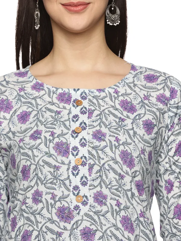 White_&_Purple_Cotton_Rayon_Floral_Printed_Straight_Kurta_&_Pant_Set_For_Women