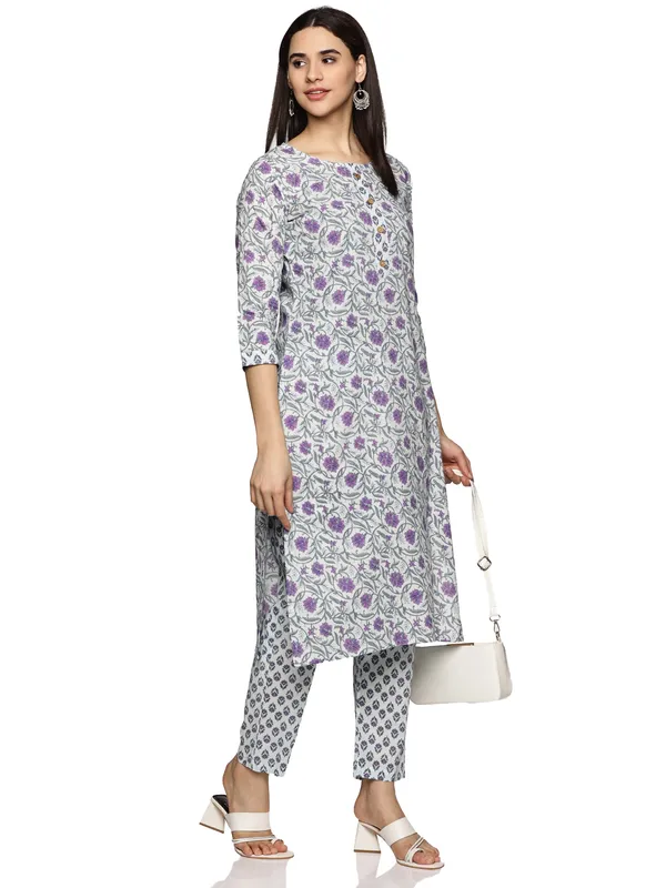 White_&_Purple_Cotton_Rayon_Floral_Printed_Straight_Kurta_&_Pant_Set_For_Women