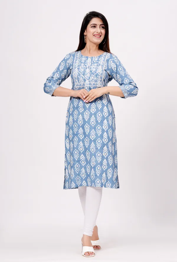 Light_Blue_Cotton_Rayon_Round_Neck_Embroidery_Floral_Printed_3/4Th_Sleeve_Kurta_For_Women