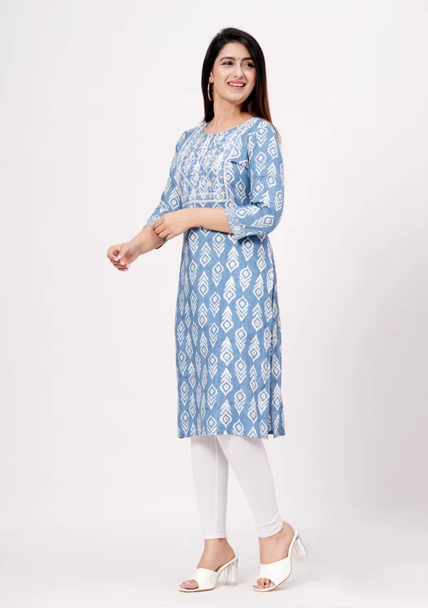 Light_Blue_Cotton_Rayon_Round_Neck_Embroidery_Floral_Printed_3/4Th_Sleeve_Kurta_For_Women