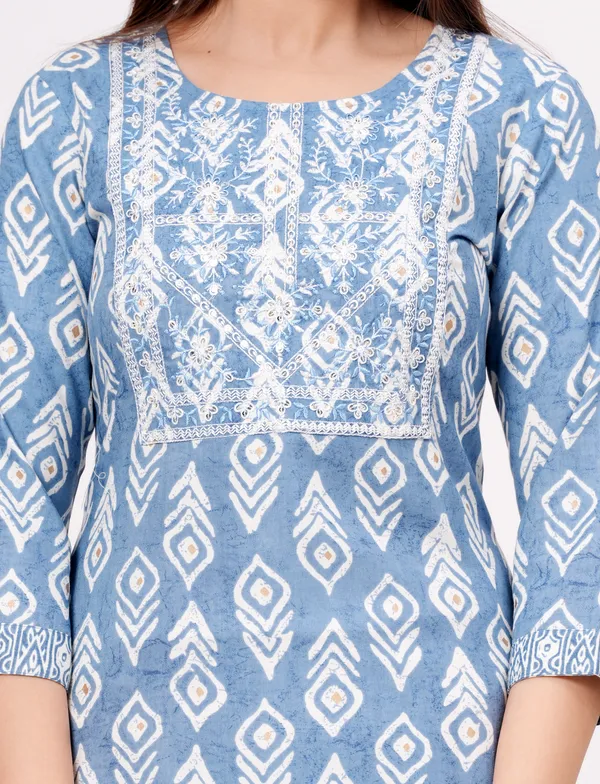 Light_Blue_Cotton_Rayon_Round_Neck_Embroidery_Floral_Printed_3/4Th_Sleeve_Kurta_For_Women