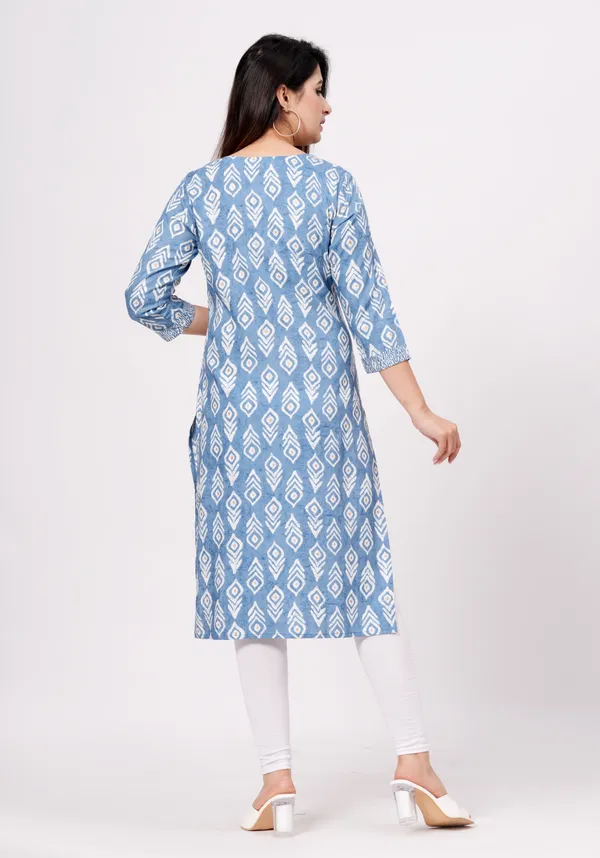 Light_Blue_Cotton_Rayon_Round_Neck_Embroidery_Floral_Printed_3/4Th_Sleeve_Kurta_For_Women
