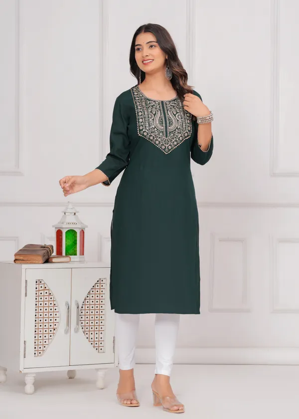 Dark_Green_Cotton_Rayon_Round_Neck_Embroidery_Golden_Zari_3/4Th_Sleeve_Kurta_For_Women