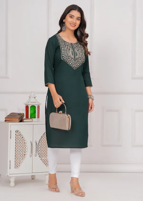Dark_Green_Cotton_Rayon_Round_Neck_Embroidery_Golden_Zari_3/4Th_Sleeve_Kurta_For_Women