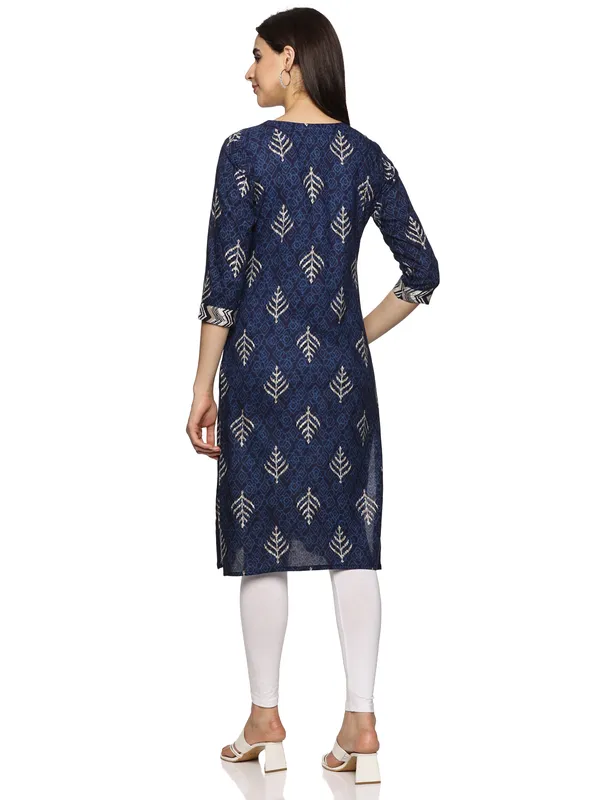 Blue_Cotton_Rayon_Round_Neck_Embroidery_Floral_Printed_3/4Th_Sleeve_Kurta_For_Women