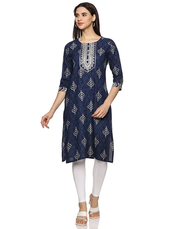 Blue_Cotton_Rayon_Round_Neck_Embroidery_Floral_Printed_3/4Th_Sleeve_Kurta_For_Women