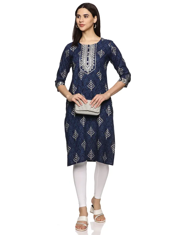 Blue_Cotton_Rayon_Round_Neck_Embroidery_Floral_Printed_3/4Th_Sleeve_Kurta_For_Women
